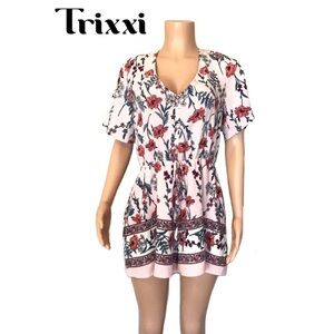 NWOT Trixxi Juniors Pink Floral Border Print Button Front Romper Size XL